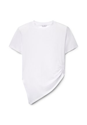 T-shirt bianca a maniche corte con scollo rotondo e orlo asimmetrico raccolto con arricciatura laterale sul lato destro.
