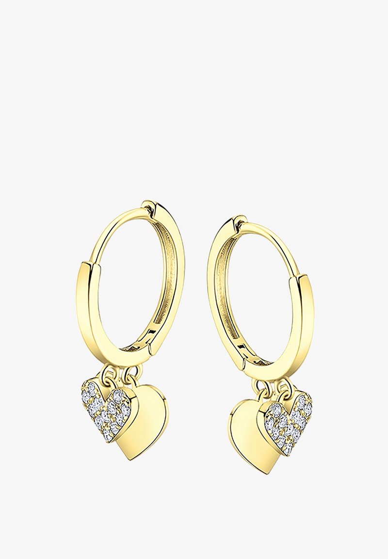 Yellow gold hoop earrings featuring two heart-shaped charms, one adorned with clear rhinestones, and a smooth polished finish.