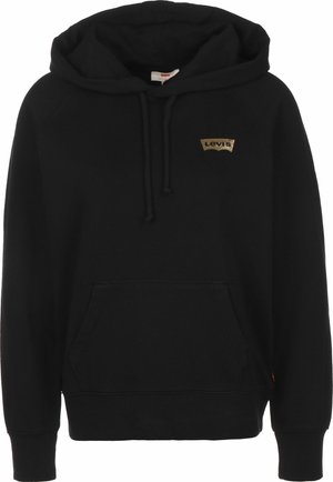 Sweat à capuche noir Levi's avec poche kangourou à l'avant, capuche avec cordon de serrage et petit logo doré Levi's sur la poitrine gauche.