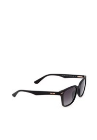 Lunettes de soleil rectangulaires noires avec verres dégradés foncés et branches fines texturées, avec un petit logo doré de la marque sur le côté.