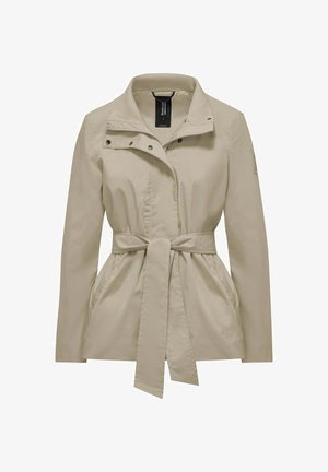 Beige lichtgewicht jack met hoge kraag, ritssluiting aan de voorkant en drukknopen, tailleband en zijzakken.