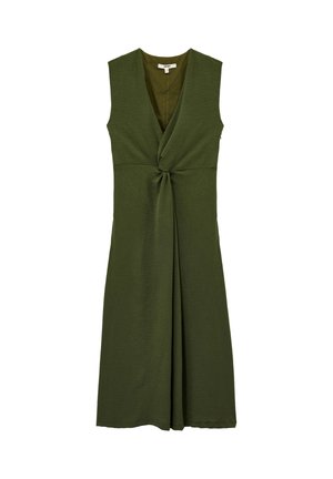 Zielona sukienka bez rękawów z drapowanym węzłem w talii. Wykonana z teksturowanej tkaniny. Projekt z dekoltem w kształcie litery V i luźnym krojem.