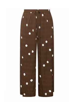 Brown wide-leg pants with white polka dots, elastic waistband, and front drawstring.