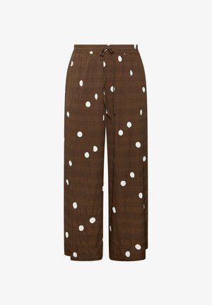 Brown wide-leg pants with white polka dots, elastic waistband, and front drawstring.