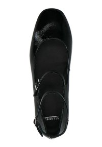 Zwarte gepatineerde leren balletschoen met twee verstelbare banden en een ronde neus. Gladde textuur en minimalistisch ontwerp.