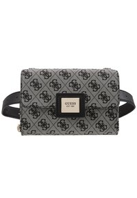 Bolso bandolera de colores negro y gris con forma rectangular, que presenta una placa de logo brillante y acentos texturizados en negro.