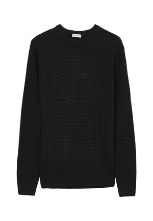 Schwarzer, gestrickter Pullover mit Rundhalsausschnitt, der ein strukturiertes Muster sowie gerippte Bündchen und Saum aufweist. Keine zusätzlichen Details oder Verzierungen.