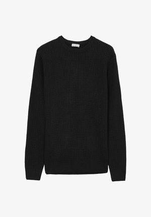 Pull noir en maille avec col rond, présentant un motif texturé et des bords côtelés aux poignets et à l'ourlet. Pas de détails ou d'ornements supplémentaires.