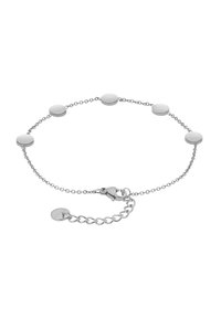 Bracciale in argento con cinque accenti metallici circolari, uniti da una catena, dotato di chiusura e catena di estensione per una lunghezza regolabile.