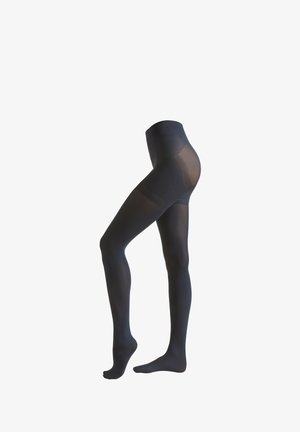 Schwarze Strumpfhosen mit transparenter Optik, hoher Taillenanschnitt, glatte Textur und verstärktem Schrittbereich. Figurschmeichelnde Silhouette.