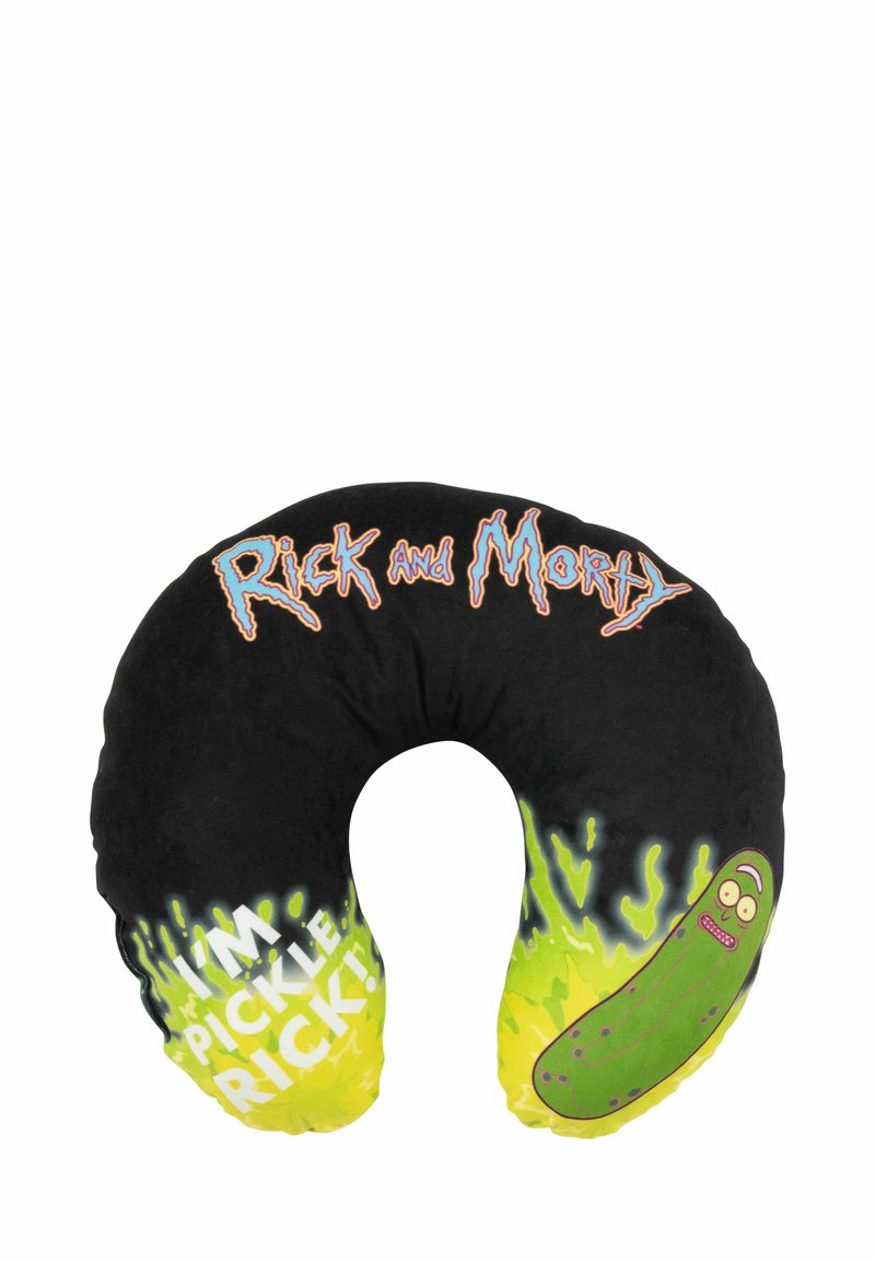 Neck pillow featuring a black fabric with colorful "Rick and Morty" design, green pickle character, and slogan "I'M PICKLE RICK!" in white.