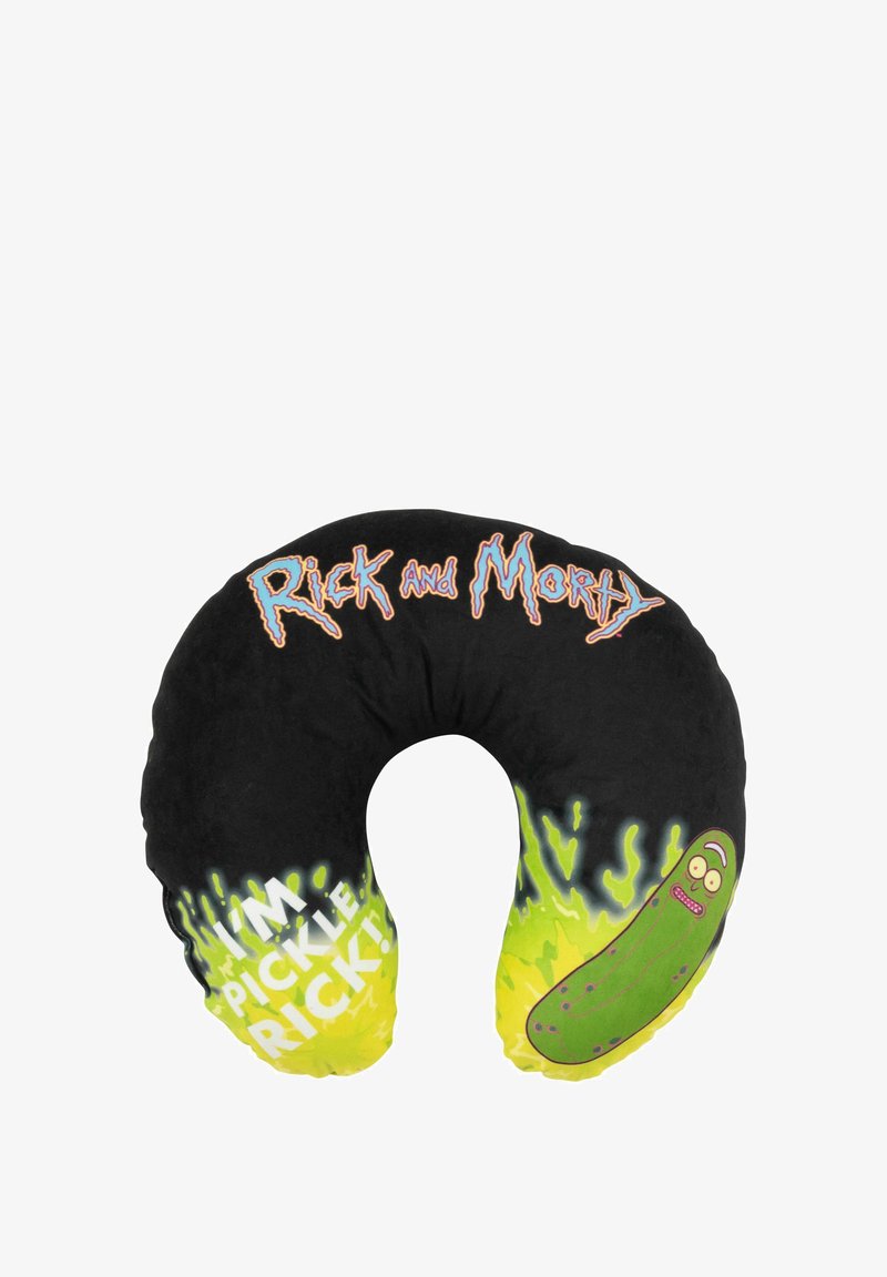 Neck pillow featuring a black fabric with colorful "Rick and Morty" design, green pickle character, and slogan "I'M PICKLE RICK!" in white.