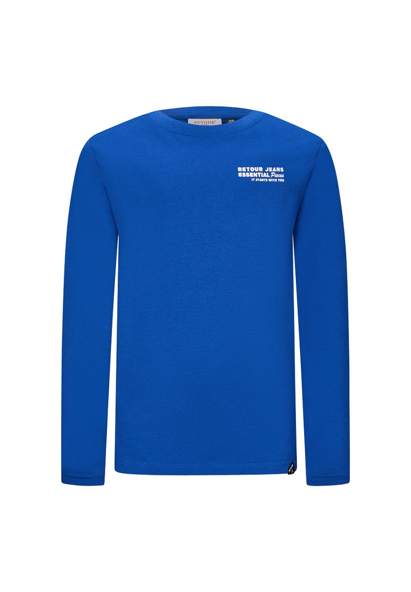 Langärmliges blaues T-Shirt aus weichem Stoff, mit einem weißen Aufdruck-Logo auf der oberen linken Seite. Klassischer Rundhalsausschnitt, schlichtes Design.