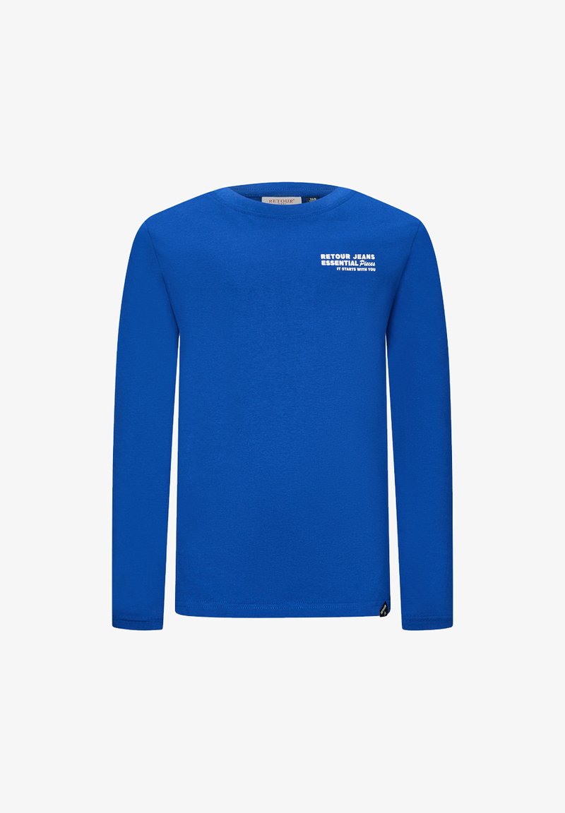 Langärmliges blaues T-Shirt aus weichem Stoff, mit einem weißen Aufdruck-Logo auf der oberen linken Seite. Klassischer Rundhalsausschnitt, schlichtes Design.