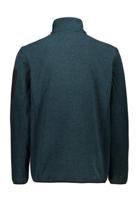 Texturerad teal-jacka med hög krage och svarta armbågsremmar. Mjukt material med figursydd silhuett och långa ärmar.