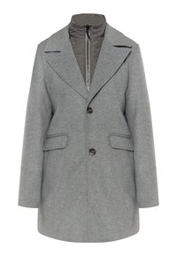 Grau melierter Wollmischmantel mit strukturiertem Design, hoher Kragen, zwei vorderen Taschen und einer einzelnen Knopfschließe. Isolierte Innenschicht.