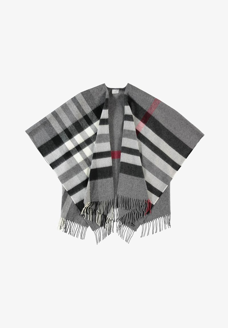 Poncho en laine grise avec de larges rayures horizontales noires, blanches et rouges, et des détails en franges sur les bords inférieurs.