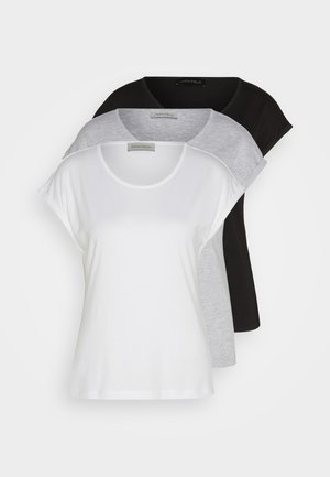 Tričko s krátkym rukávom v čiernej, sivej a bielej farbe, s okrúhlym výstrihom, jemnou bavlnenou tkaninou a voľným strihom.