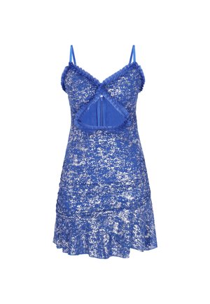 Modré minišaty bez rukávů se stříbrným třpytem, volánkovým lemem, úzkými ramínky a předním výstřihem s volánkovými okraji.