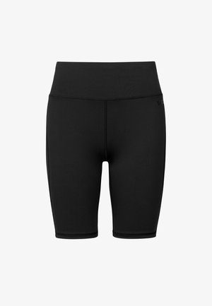 Hoge zwarte fietsbroek gemaakt van rekbaar materiaal met platte naden en een gladde textuur, ontworpen voor comfort tijdens activiteiten.