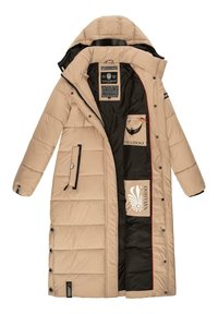 Beige gewatteerde jas met hoge kraag, ritssluiting aan de voorkant en zakaccenten. De binnenkant heeft een zwarte voering met logo en labels. Voorzien van drukknoopsluitingen.
