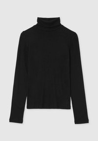 Top noir à manches longues et col roulé en tissu côtelé. Il présente un col haut et un design ajusté avec une coupe légèrement raccourcie.