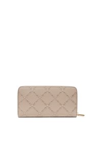 Portafoglio beige con un motivo a rombi testurizzato e dettagli in oro sulla zip, posizionato su uno sfondo bianco.