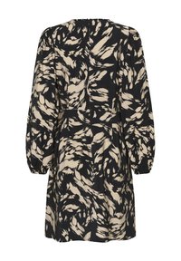 Robe noire avec motif abstrait beige, manches bouffantes longues, col rond et taille cintrée, dotée d'une texture de tissu lisse.