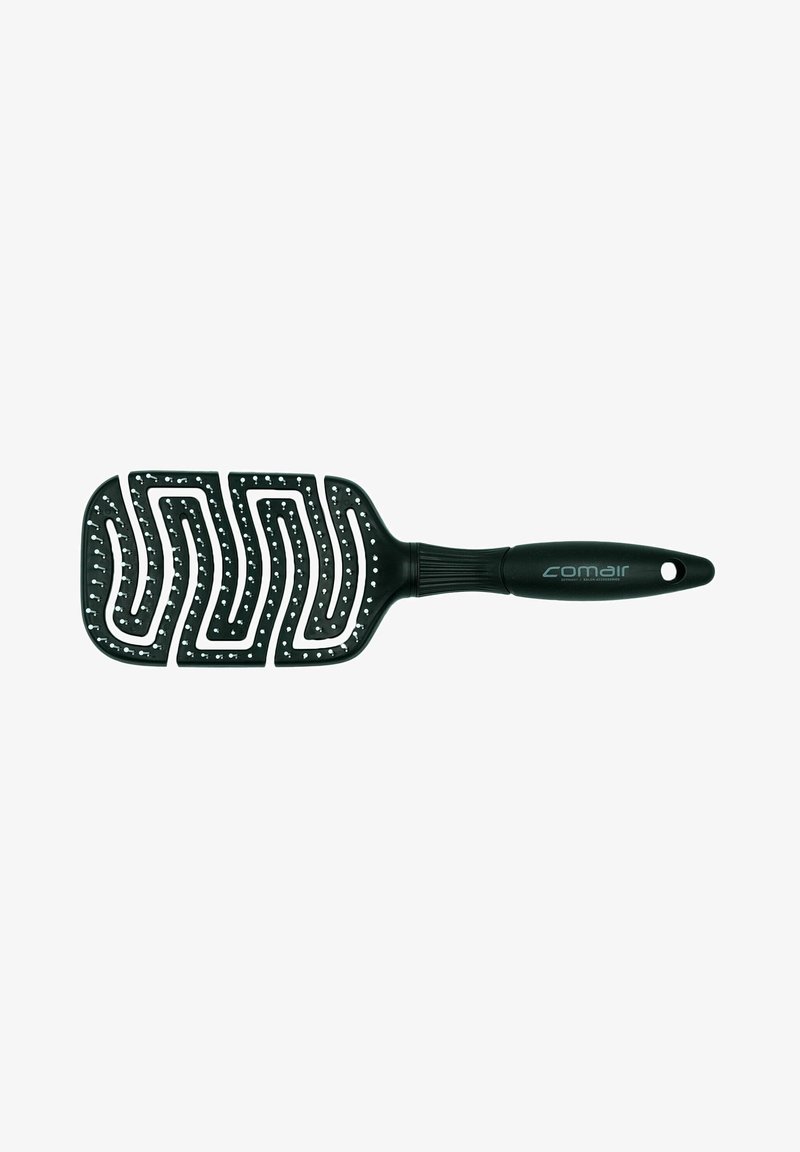 Black hairbrush with wide flat paddle, zigzag design, plastic bristles, and a textured grip handle. Features a hanging hole for storage.