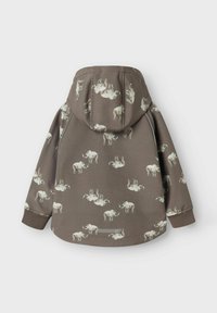 Giacca con cappuccio marrone caratterizzata da una stampa di elefanti su tutta la superficie, realizzata in tessuto morbido, con maniche lunghe e polsini elastici per il massimo comfort.