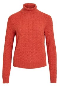 Roter, gerippter Rollkragenpullover mit langen Ärmeln, strukturiertem Muster und gerippten Bündchen sowie Saum. Hergestellt aus einem weichen, warmen Material.