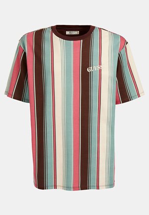 T-shirt a maniche corte a righe con colori come teal, rosa, marrone e beige, realizzato in cotone e con un logo sul petto.