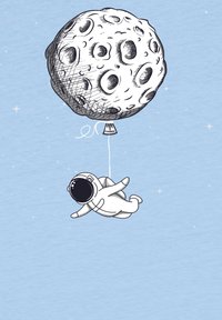 Witte astronautfiguur die een touw vasthoudt van een grijs, maansvormig ballon, tegen een lichtblauwe achtergrond met kleine sterren.