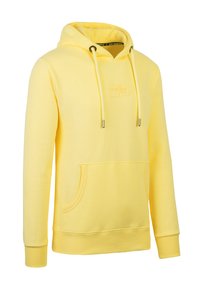 Gelbe Kapuzenjacke aus weichem Stoff, mit einer vorderen Tasche, einer Kordelzugkapuze und einer Logo-Stickerei in einer helleren Gelbtönung.