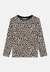 Ilgų rankovių marškiniai iš lengvo audinio, su leopardų rašto printu rudos ir juodos spalvos ant grietinėlės fono, su juodu apykakle.