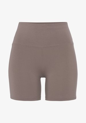 Shorts a vita alta in un colore taupe tenue, realizzati in tessuto liscio e elasticizzato. Presentano un design senza cuciture e una silhouette aderente.