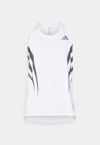 Vit atletisk linne med mesh-struktur, med svarta diagonala ränder och en Adidas-logotyp nära halsringningen. Racerback-design.