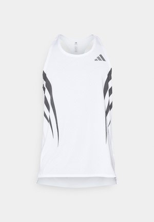 White athletic tank top with mesh texture, featuring black diagonal stripes and an Adidas logo near the neckline. Racerback design.