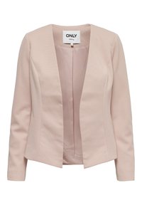 Blazer femme rose clair avec une texture côtelée horizontale subtile, manches longues et devant ouvert. Étiquette indiquant ONLY tailoring taille 34.
