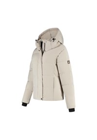 Beige donzen jas met capuchon, voorzien van een doorgestikt ontwerp, ritssluiting aan de voorkant en zijzakken. Zwarte accenten op de manchetten.