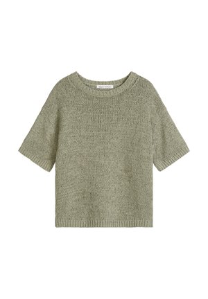 Pull tricoté à manches courtes de couleur vert olive clair, avec col rond et poignets et ourlet côtelés.