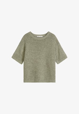 Pull tricoté à manches courtes de couleur vert olive clair, avec col rond et poignets et ourlet côtelés.