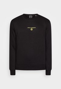 Svart sweatshirt i bomullsblandning, med rund halsringning, ribbade ärmslut och en gul "NEW HORIZON"-logotyp med cirkeldesign.