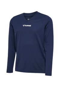 Langarm-Navy-Sporthemd aus atmungsaktivem Stoff, mit V-Ausschnitt und weißem 'Hummel'-Logo auf der Brust. Glatte Textur.