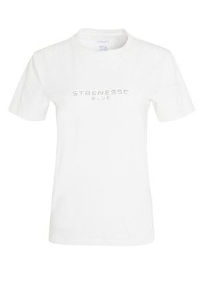 T-shirt en coton blanc à manches courtes, avec un logo "STRENESSE BLUE" gris clair sur la poitrine. Col rond et design simple.