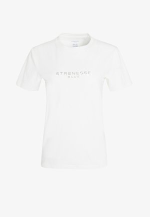 T-shirt en coton blanc à manches courtes, avec un logo "STRENESSE BLUE" gris clair sur la poitrine. Col rond et design simple.