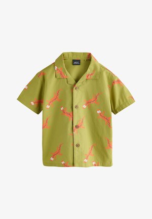 Chemise à manches courtes vert olive à boutons avec des lézards orange en dessin animé et un col, conçue pour les enfants.