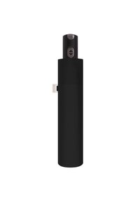 Paraguas negro con una funda de tela cilíndrica. Cuenta con un mango negro liso y un botón para abrir/cerrar. Diseño compacto.
