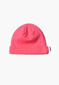 Rosa Beanie-Mütze mit umgeschlagenem Saum, aus weichem Stoff gefertigt. Sie hat ein schlichtes Design und ein kleines Markenlabel an der Seite.