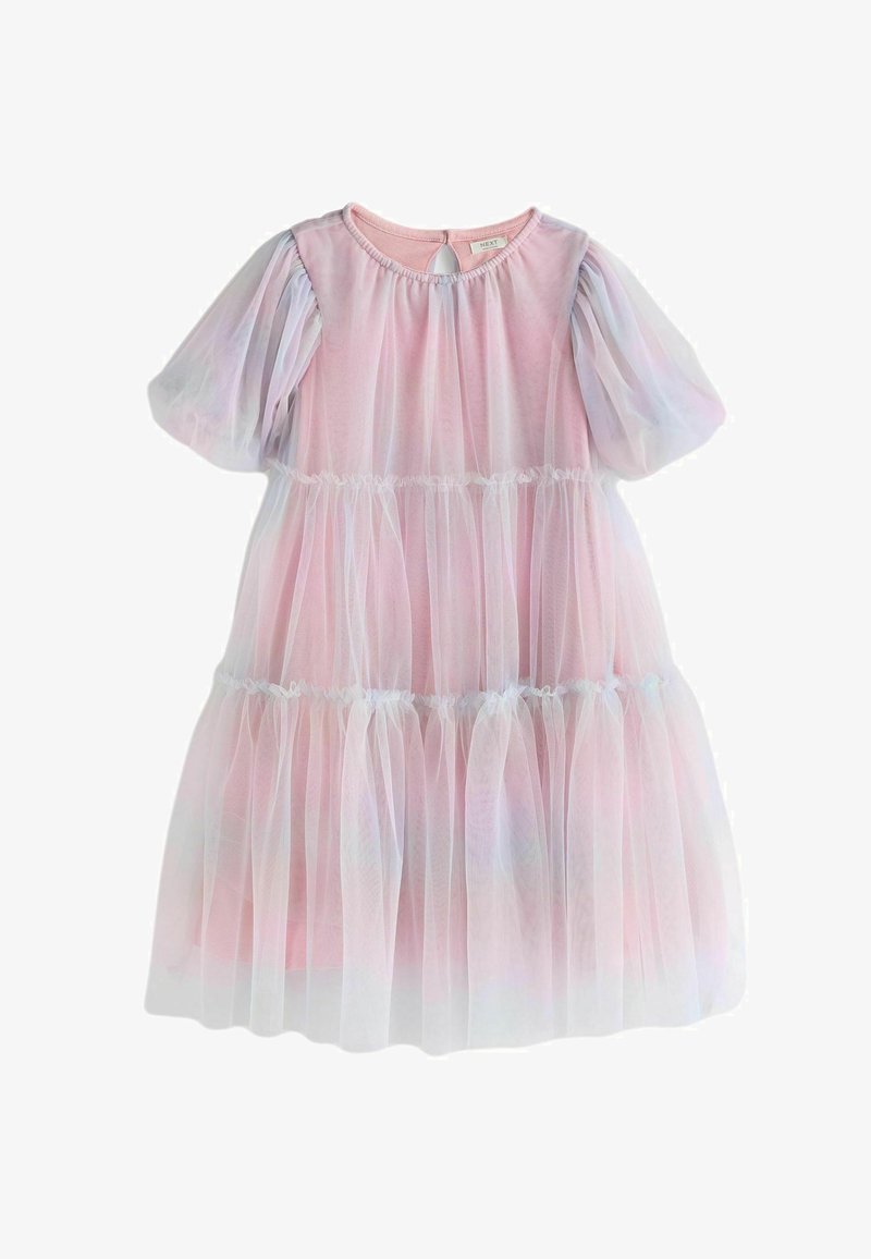 Nafukovité šaty s krátkym rukávom v jemnej ružovej farbe a bielych tylových vrstvách s okrúhlym výstrihom, so zárezom na chrbte.
